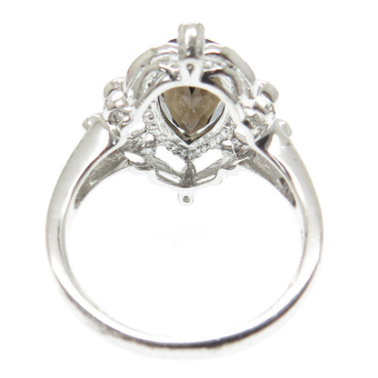 925 Sterling Silver Real White Diamond & Smoky Quartz Ornate Ring Size 10.25