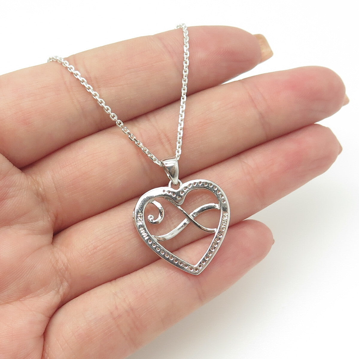 HAN 925 Sterling Silver Italy White C Z Infinity Heart Cable Chain Necklace 16"