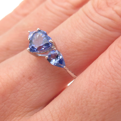 925 Sterling Silver Real Heart & Pear-Cut Tanzanite Ring Size 8