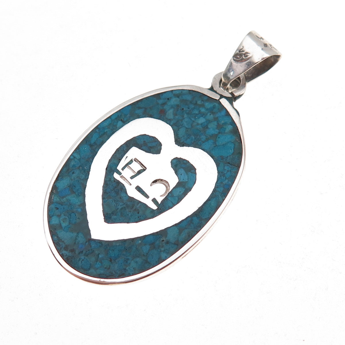 925 Sterling Silver Vintage Real Turquoise Inlay Heart Charm Pendant