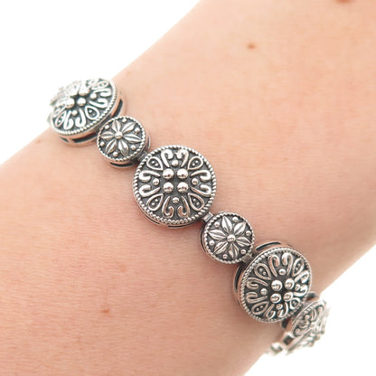 925 Sterling Silver Vintage Floral Disc Link Oxidized Bracelet 7"