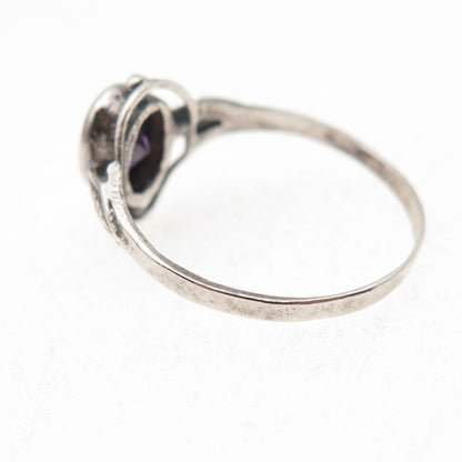 925 Sterling Silver Vintage Real Oval-Cut Amethyst Oxidized Ring Size 7