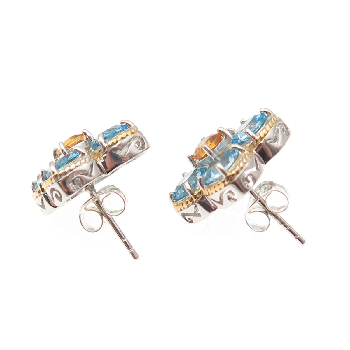 FADI 925 Sterling Silver 2-Tone Real Blue Topaz & Citrine Flower Earrings
