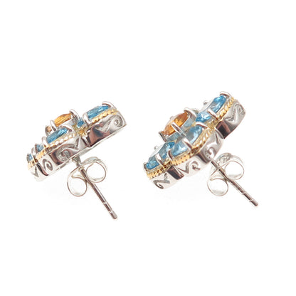 FADI 925 Sterling Silver 2-Tone Real Blue Topaz & Citrine Flower Earrings