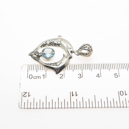 925 Sterling Silver Vintage Real Blue Topaz Mom & Child Dolphin Charm Pendant