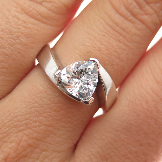 925 Sterling Silver Vintage Triangle-Cut C Z Modernist Bypass Ring Size 8