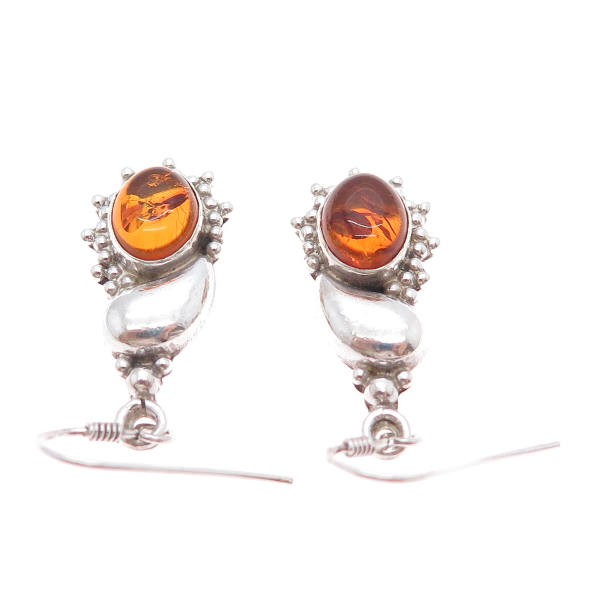 925 Sterling Silver Vintage Real Amber Modernist Granulated Dangle Earrings
