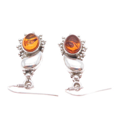925 Sterling Silver Vintage Real Amber Modernist Granulated Dangle Earrings