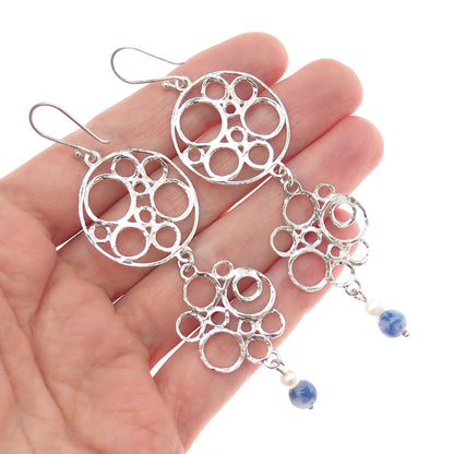 925 Sterling Silver Vintage Real Pearl Sodalite Modernist Circle Dangle Earrings