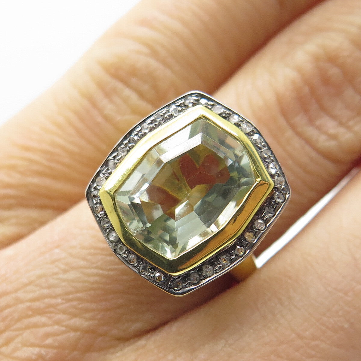 925 Sterling Silver Gold Plated Real Diamond & Blue Topaz Gem Ring Size 4.75