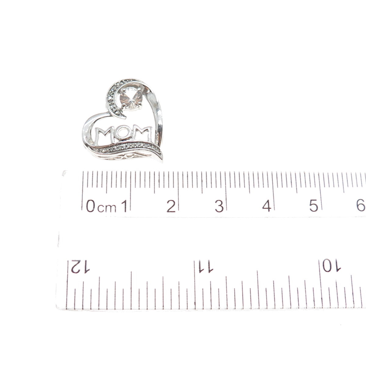 925 Sterling Silver Real Round-Cut Diamond & White Topaz Mom Heart Slide Pendant