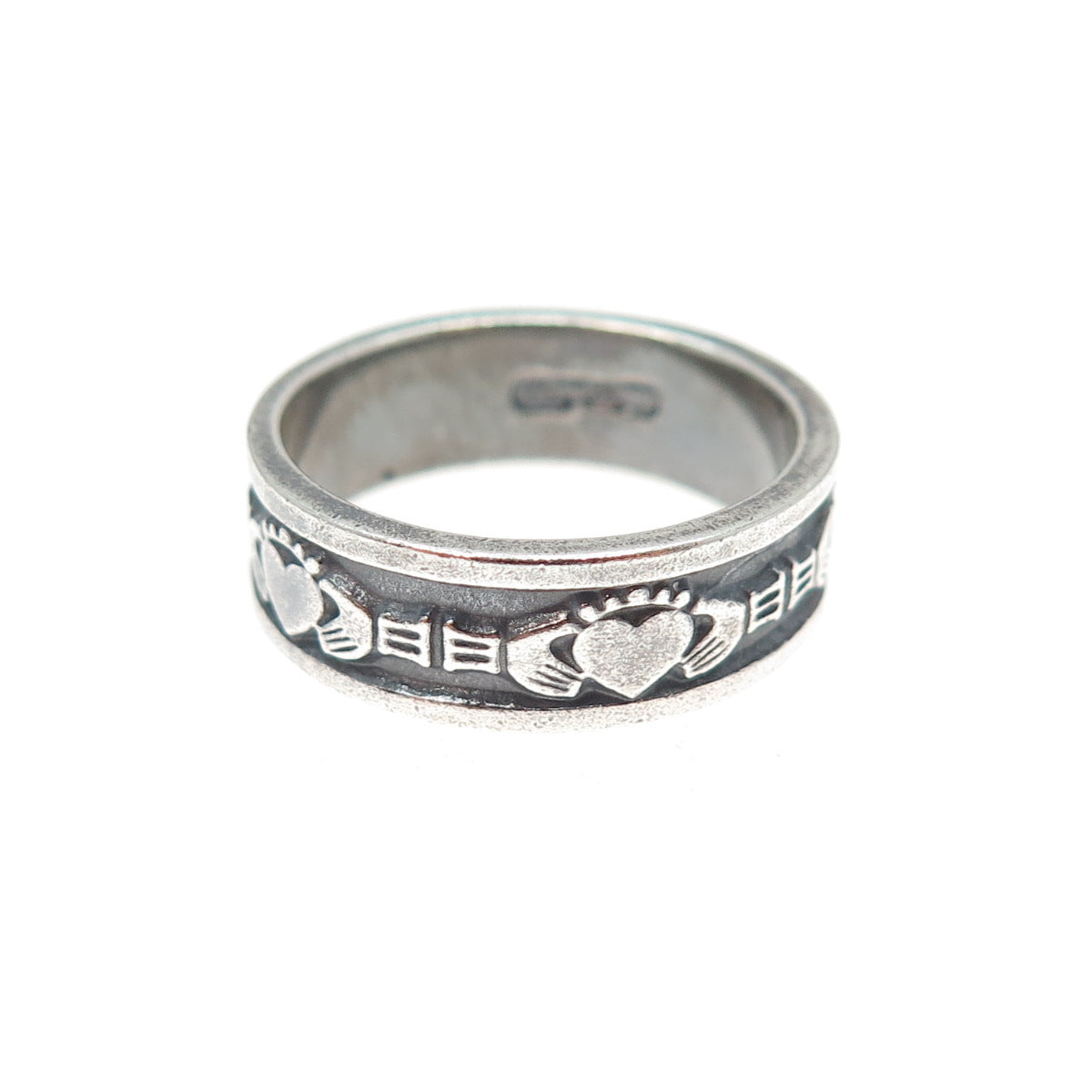 925 Sterling Silver Vintage CHJ Dublin Irish Claddagh Oxidized Band Ring Size 6