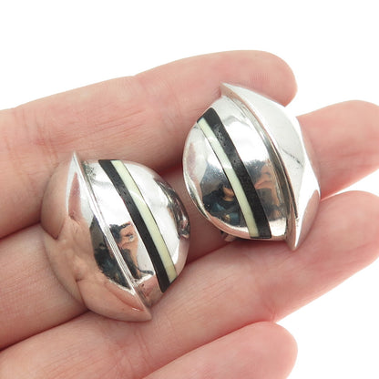 925 Sterling Silver VSS Vintage White & Black Onyx Modernist Clip On Earrings