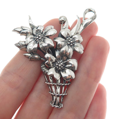 DANECRAFT 925 Sterling Silver Antique Art Deco Flower Bouquet Oxidized Brooch