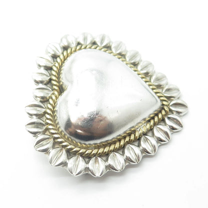 925 Sterling Silver 2-Tone Vintage Mexico Puffy Heart Pendant Pin Brooch
