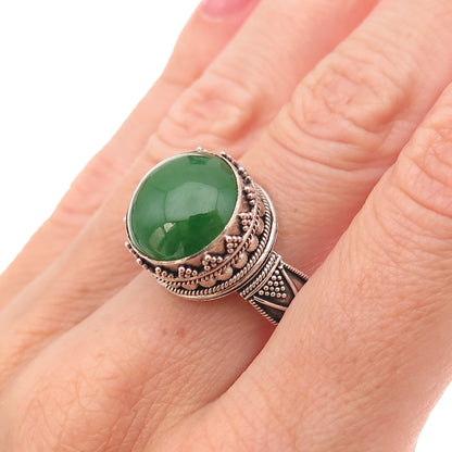 Suarti Bali Sterling Silver Vintage Real Jade Granulated Oxidized Ring Size 7.25