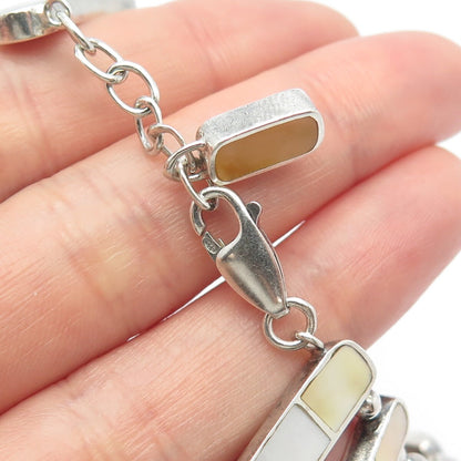 Sterling Silver Vintage ACLEONI Real Mother-of-Pearl Bar Chain Necklace 15"