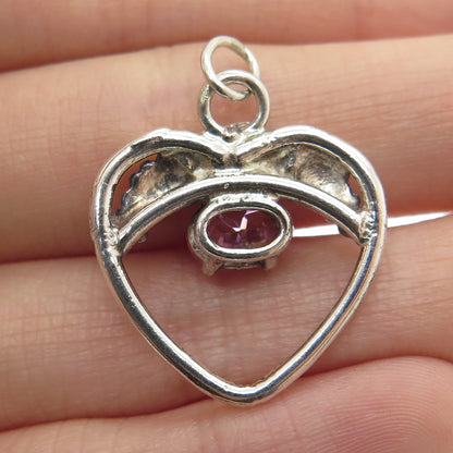 925 Sterling Silver Vintage Oval-Cut Pink C Z Flower Heart Pendant