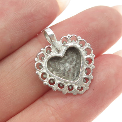 925 Sterling Silver Vintage Real White Diamond Accent Heart Pendant