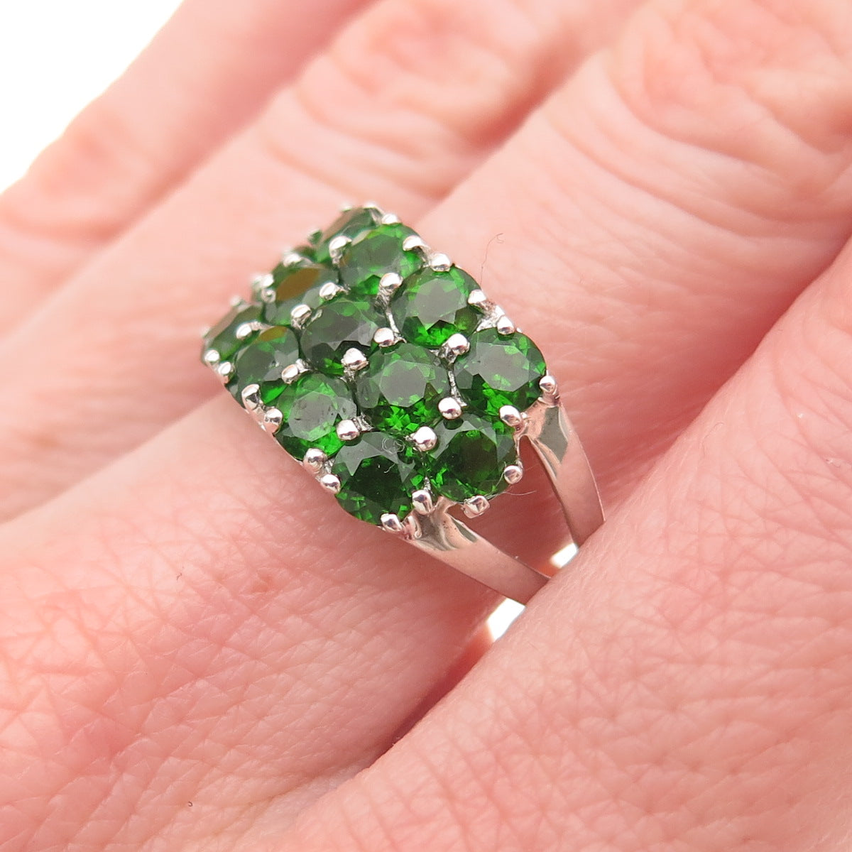 925 Sterling Silver Real Round-Cut Peridot Cluster Ring Size 7