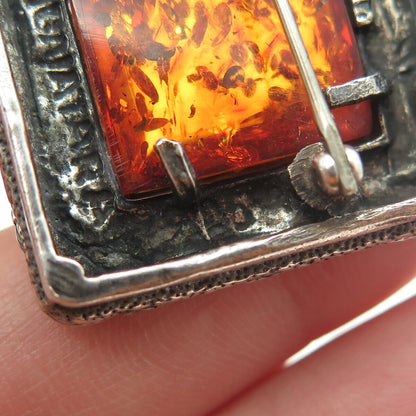 N. GAITARA 925 Sterling Silver Vintage Amber Floral Frame Pin Brooch
