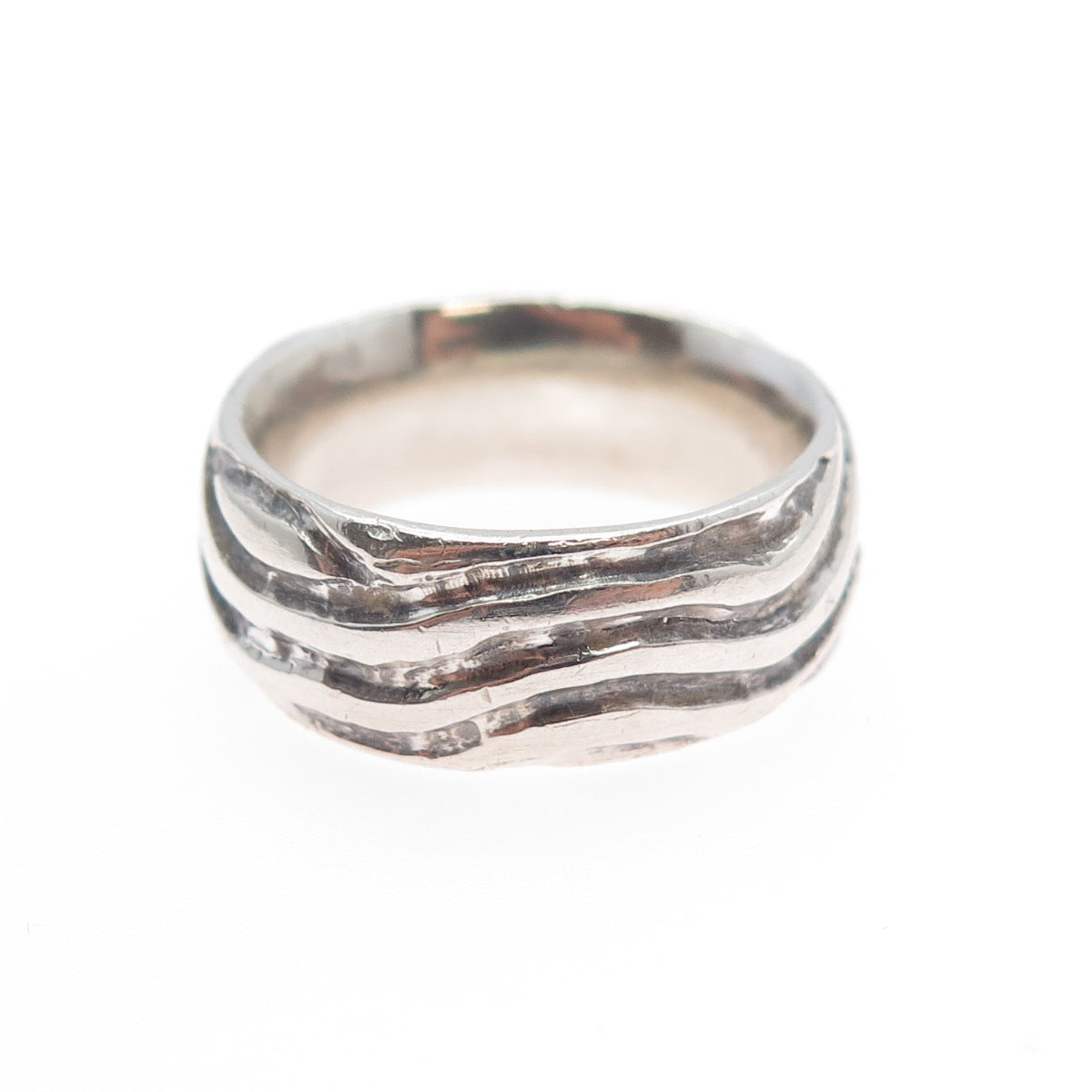 925 Sterling Silver Vintage Modernist Brich Pattern Oxidized Band Ring Size 5.75