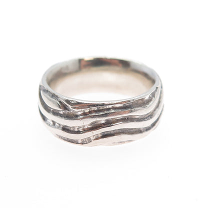 925 Sterling Silver Vintage Modernist Brich Pattern Oxidized Band Ring Size 5.75