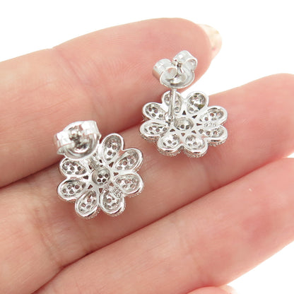 925 Sterling Silver Round-Cut C Z Flower Earrings