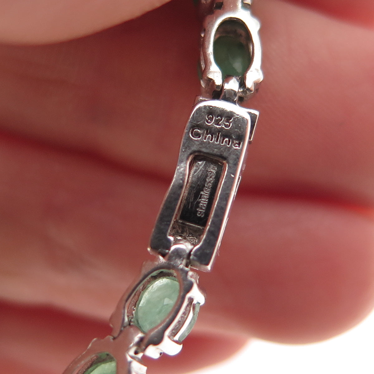 925 Sterling Silver Vintage Real Oval-Cut Emerald Bracelet 7"
