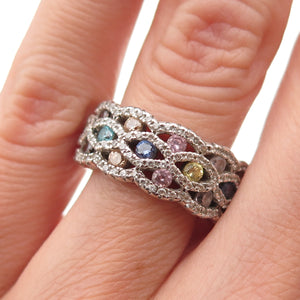 925 Sterling Silver Round-Cut Multi-Color C Z Band Ring Size 6.25