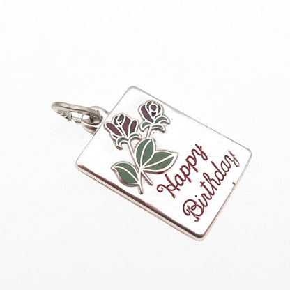 BEAU 925 Sterling Silver Vintage Enamel Happy Birthday Rose Mini Charm Pendant