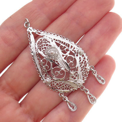 Van Lou Sterling Silver Antique Art Deco Cannetille Filigree Teardrop Pendant