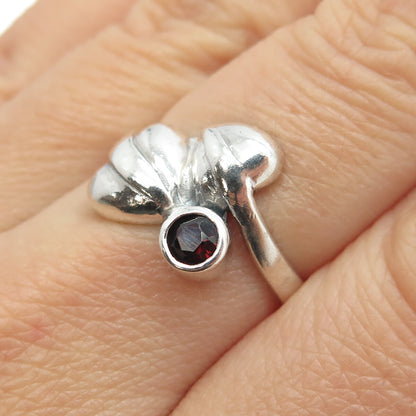 925 Sterling Silver Vintage Real Red Garnet Double Heart Bypass Ring Size 7.5