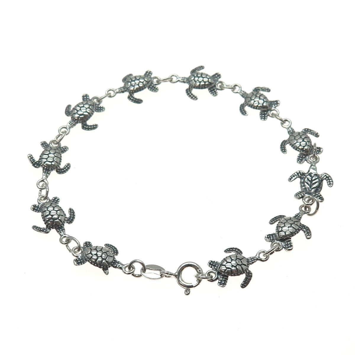 925 Sterling Silver Vintage Turtle Link Oxidized Bracelet 7.5"