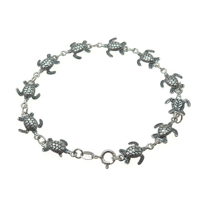 925 Sterling Silver Vintage Turtle Link Oxidized Bracelet 7.5"