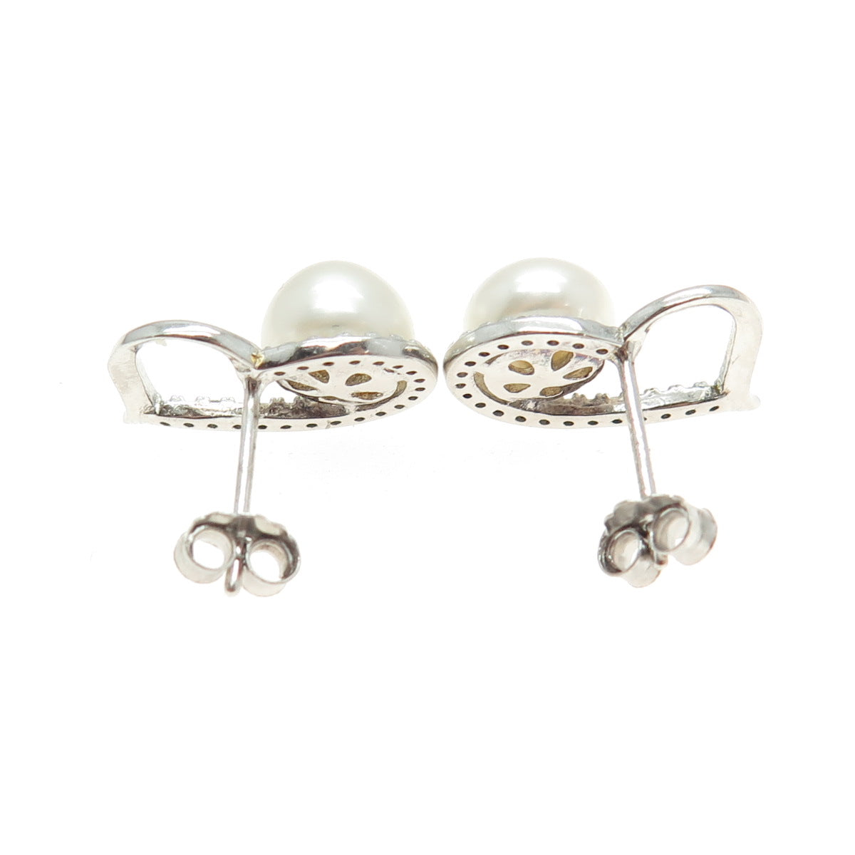 925 Sterling Silver Real Pearl & C Z Open Heart Stud Earrings