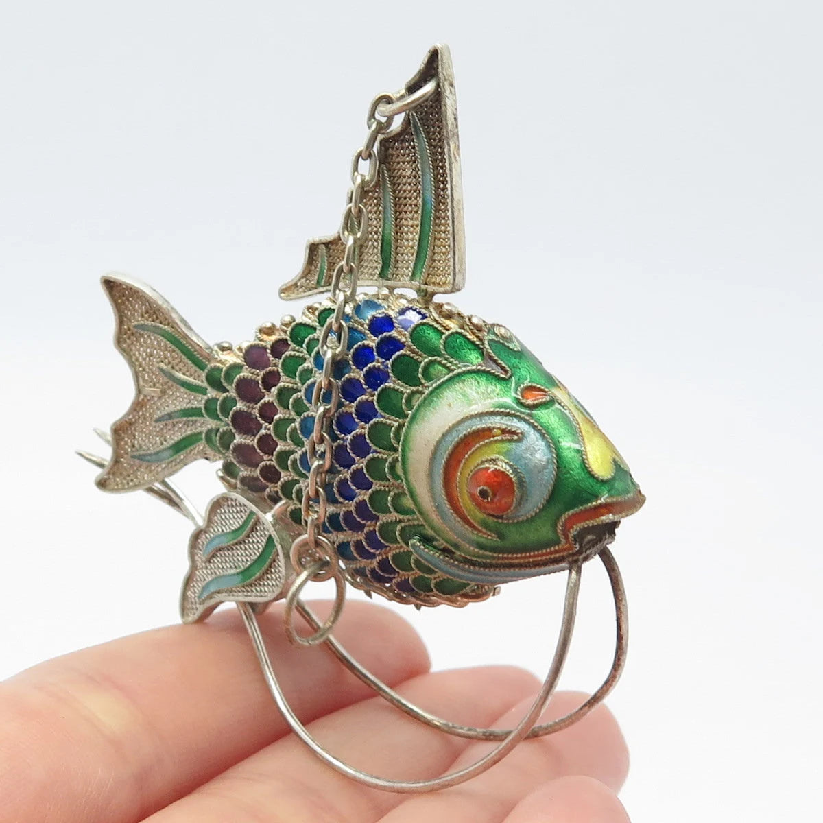 925 Sterling Silver Antique Enamel Articulated Chinese Koi Fish Pendant / Fob