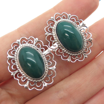 925 Sterling Silver Vintage Mexico Real Green Onyx Filigree Screw Back Earrings