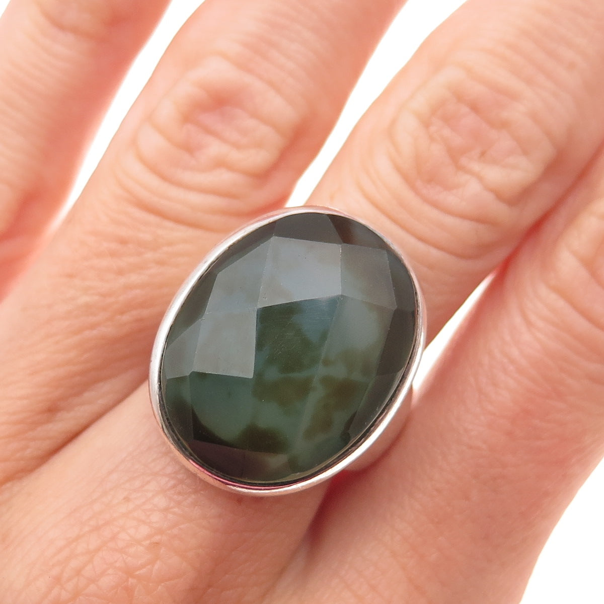 925 Sterling Silver Vintage Real Agate Modernist Statement Ring Size 7.75