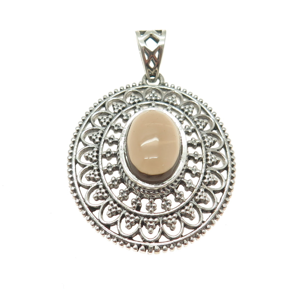 925 Sterling Silver Vintage Real Smoky Quartz Granulated Floral Oxidized Pendant