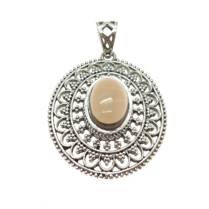 925 Sterling Silver Vintage Real Smoky Quartz Granulated Floral Oxidized Pendant