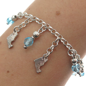925 Sterling Silver Vintage Italy Crystal Dolphin Charm Rolo Link Bracelet 7"