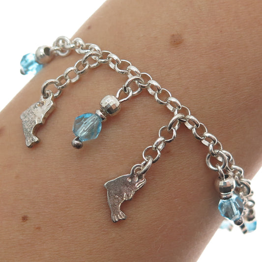 925 Sterling Silver Vintage Italy Crystal Dolphin Charm Rolo Link Bracelet 7"