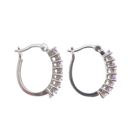 ROSS SIMONS 925 Sterling Silver Diamond Accent Amethyst Gem Hinged Hoop Earrings