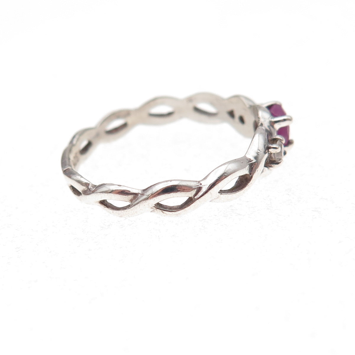 925 Sterling Silver Vintage Real Ruby & C Z Woven Band Ring Size 7