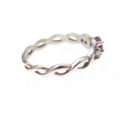 925 Sterling Silver Vintage Real Ruby & C Z Woven Band Ring Size 7