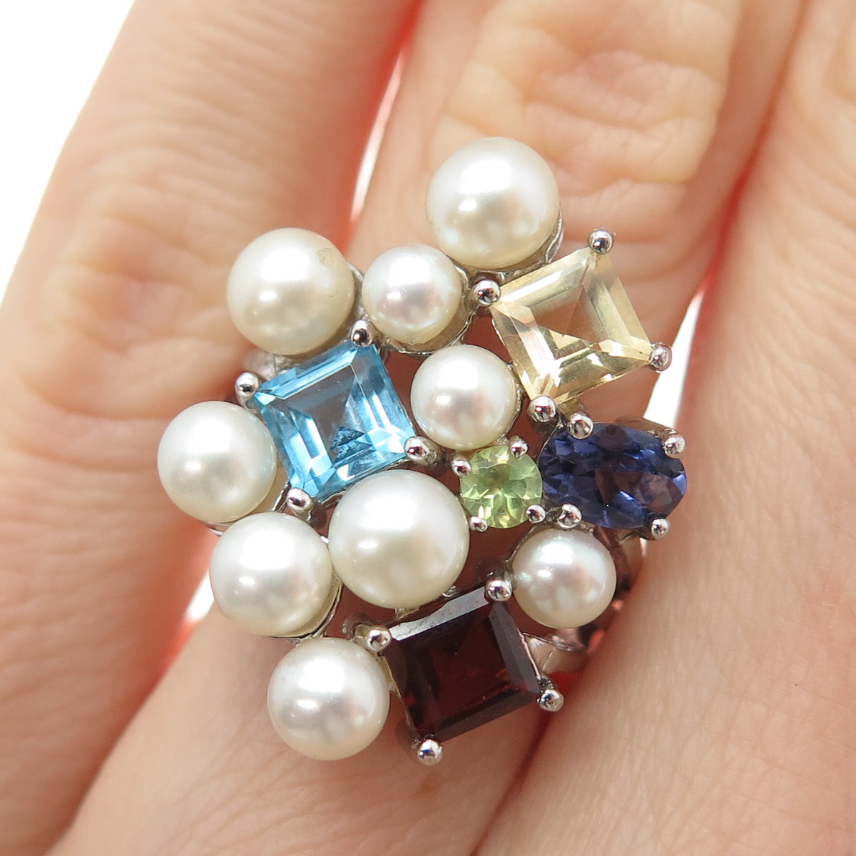 925 Sterling Silver Real Pearl Topaz Citrine Peridot Garnet & Iolite Ring Size 5