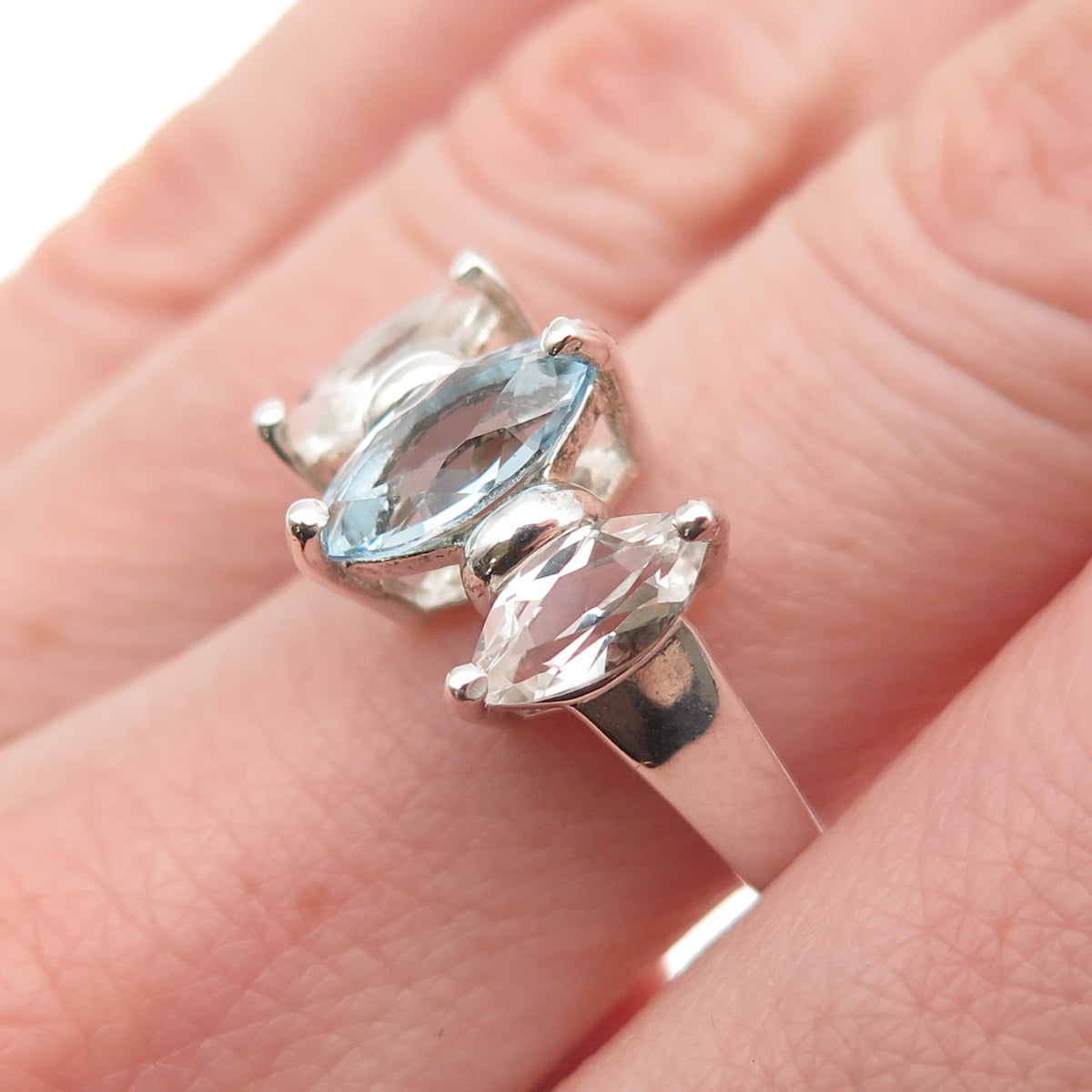 925 Sterling Silver Vintage Real Marquise-Cut Blue & White Topaz Ring Size 7.25