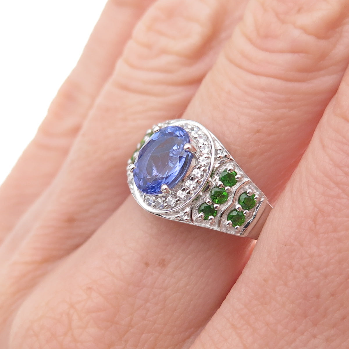925 Sterling Silver Real Tanzanite Peridot & White Topaz Ring Size 8