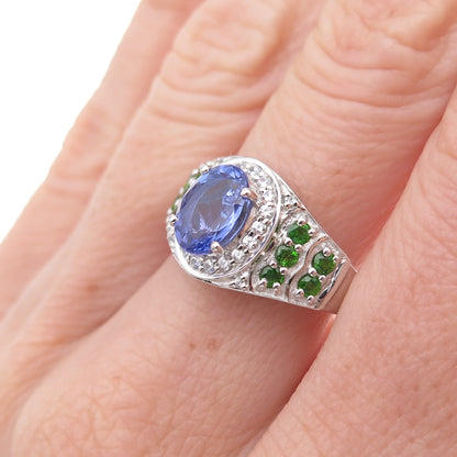 925 Sterling Silver Real Tanzanite Peridot & White Topaz Ring Size 8